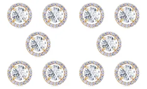 18k Yellow Gold Plated 1Ct Round White Sapphire Set Of Five Halo Stud Earrings