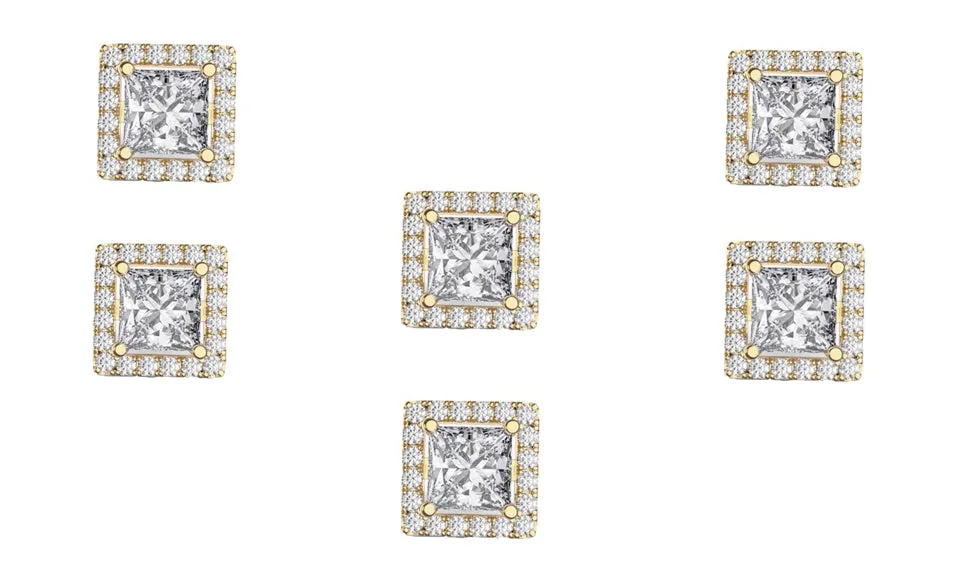 18k Yellow Gold Plated 4mm 1/2Ct Square Cut White Sapphire Set of Three Halo Stud Earrings