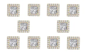 18k Yellow Gold Plated 4mm 2Ct Square Cut White Sapphire Set of Five Halo Stud Earrings