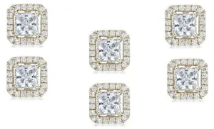 18k Yellow Gold Plated 4mm 4Ct Princess Cut White Sapphire Set of Three Halo Stud Earrings