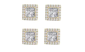 18k Yellow Gold Plated 4mm 4Ct Square Cut White Sapphire Set of Two Halo Stud Earrings