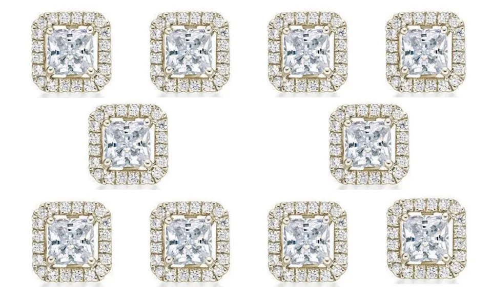 18k Yellow Gold Plated 6mm 2Ct Princess Cut White Sapphire Set of Five Halo Stud Earrings