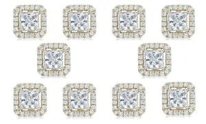 18k Yellow Gold Plated 6mm 2Ct Princess Cut White Sapphire Set of Five Halo Stud Earrings