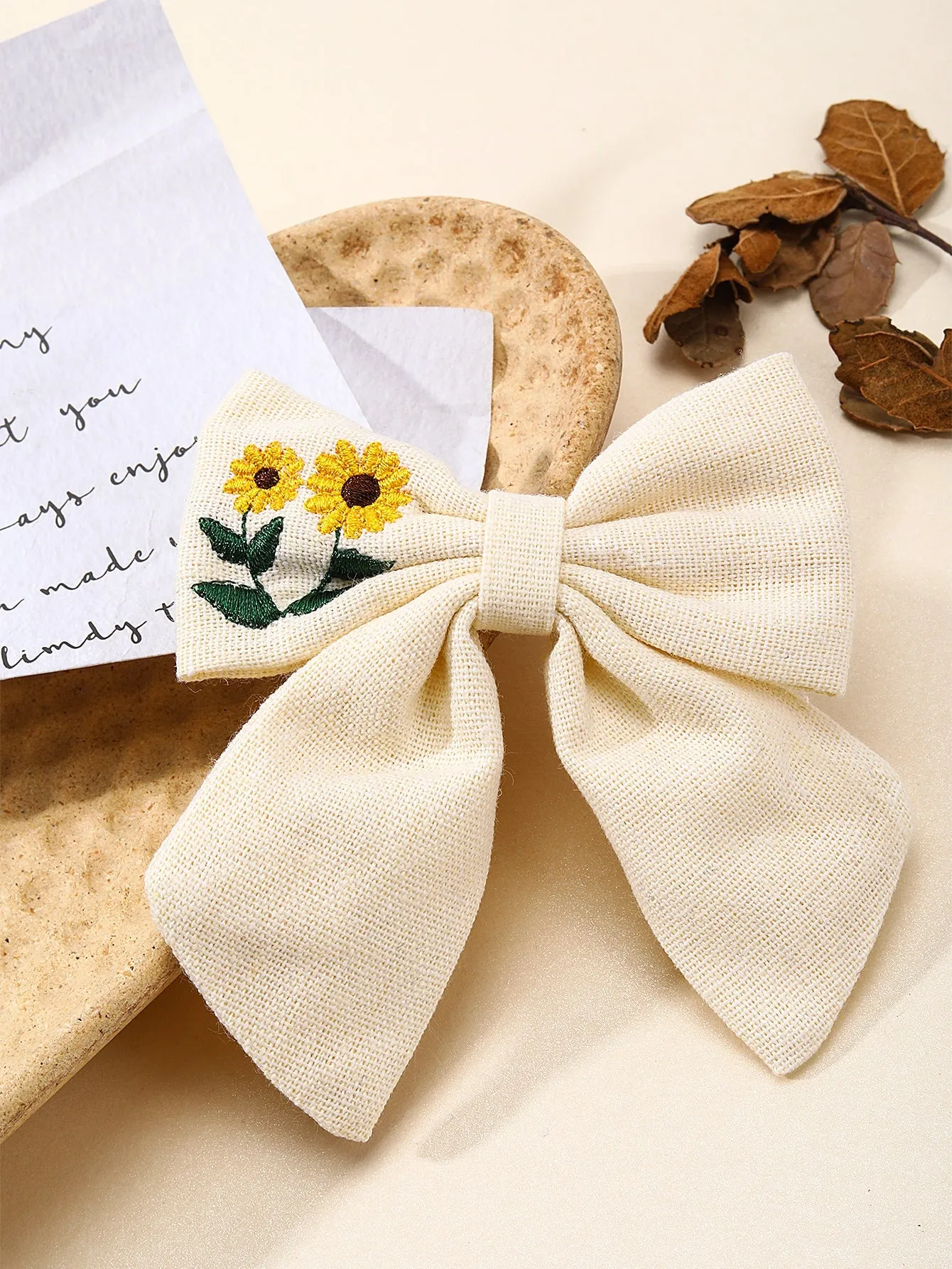 1pc Elegant Sunflower & Flower Embroidery Bow Hair Clip for Women Barrette