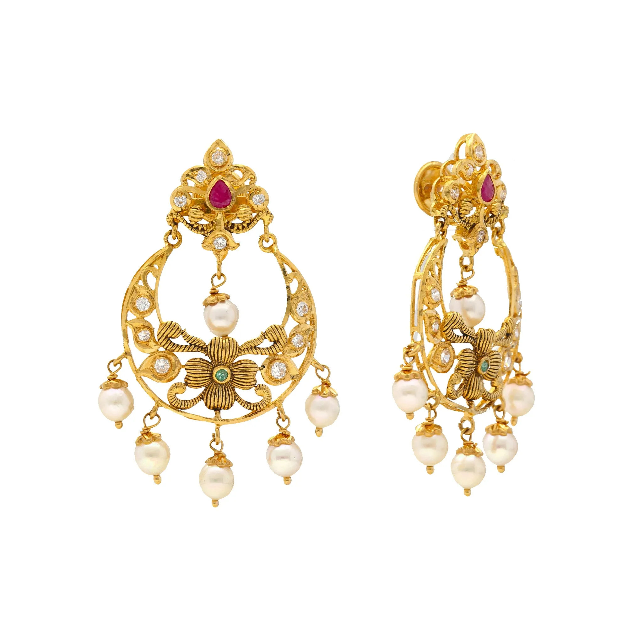 22K Yellow Gold Chandbali Earrings w/ Gems, CZ & Pearls (15.6gm)