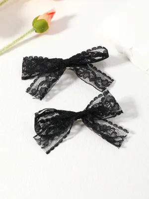 2pcs Black Color Lace Bow Decor Hair Clip for Women Barrette Styling Hair