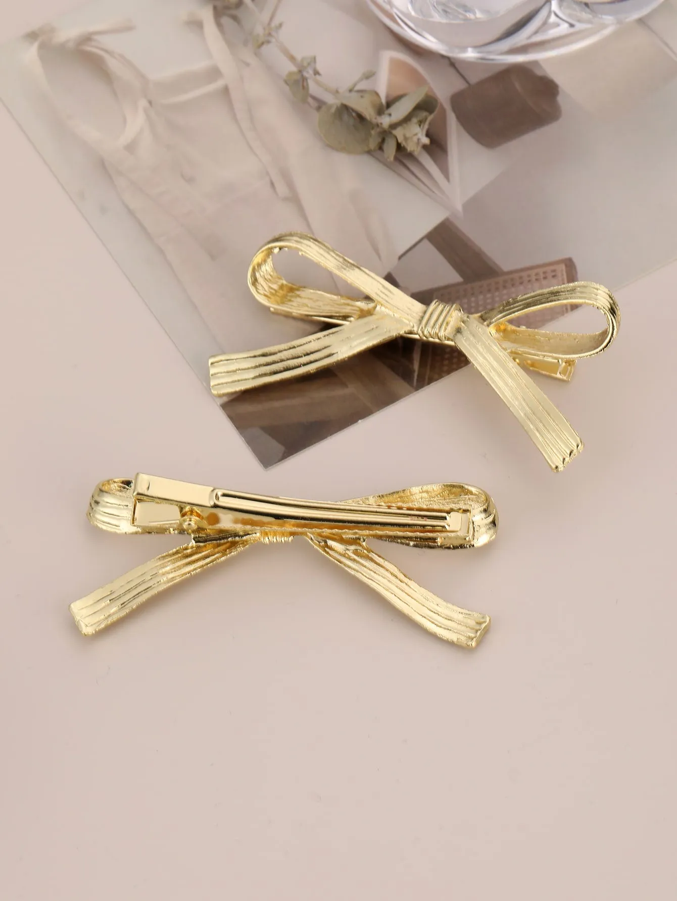 2pcs Gold-tone Metallic Bow Hair Clip for Women Barrette Styling Hair