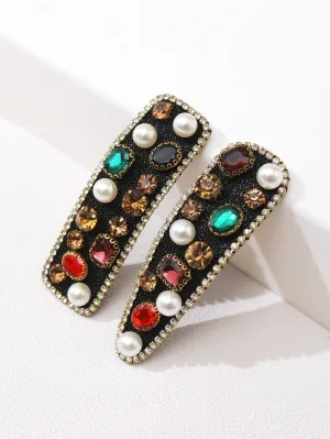 2pcs Rhinestone & Faux Pearl Decor Snap Clip Vintage Style for Women Barrette