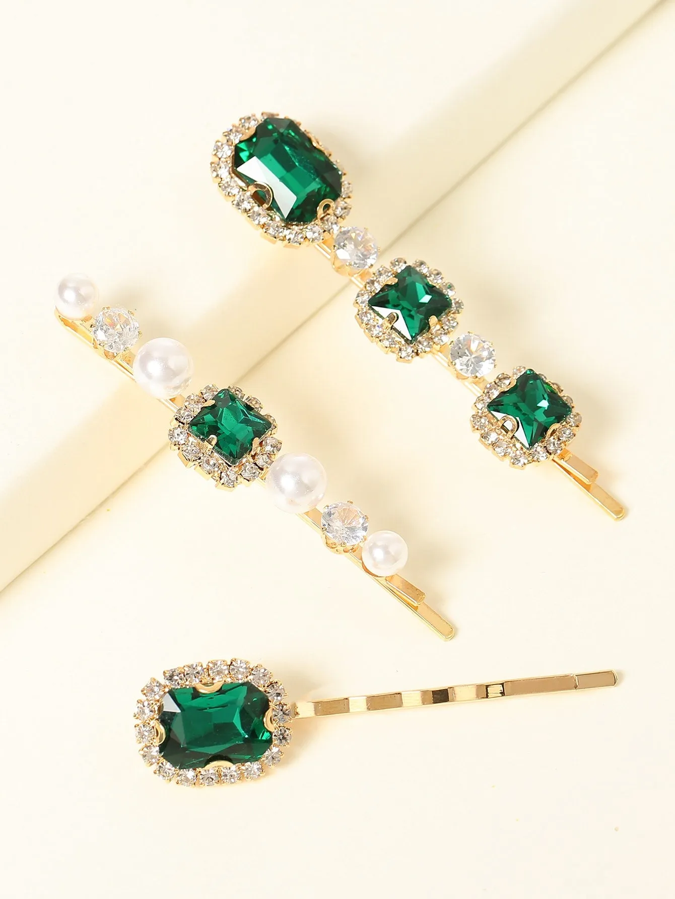 3pcs Green Gemstone Decor Hair Clip for Women Barrette Styling Hair Accessories