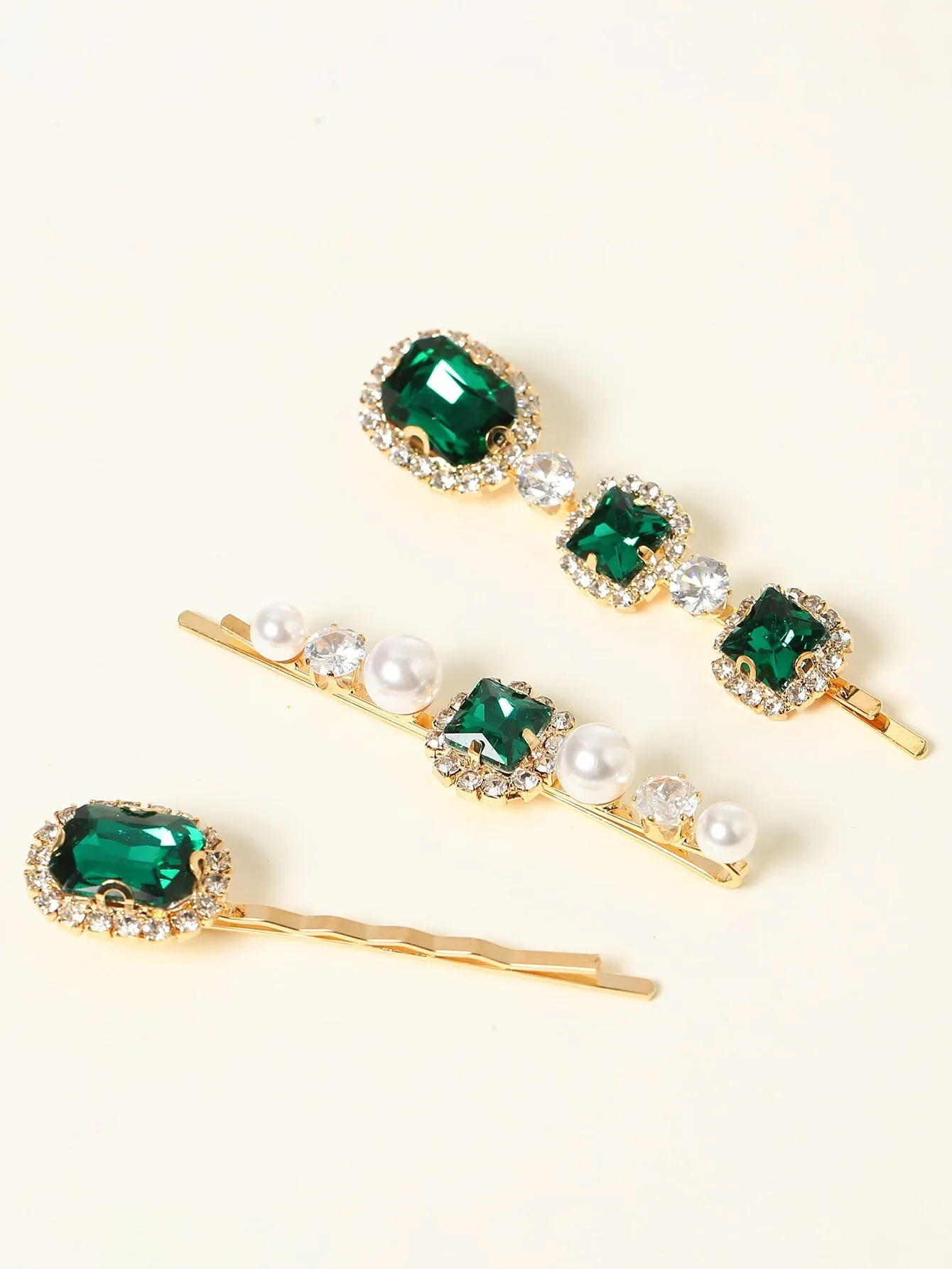 3pcs Green Gemstone Decor Hair Clip for Women Barrette Styling Hair Accessories