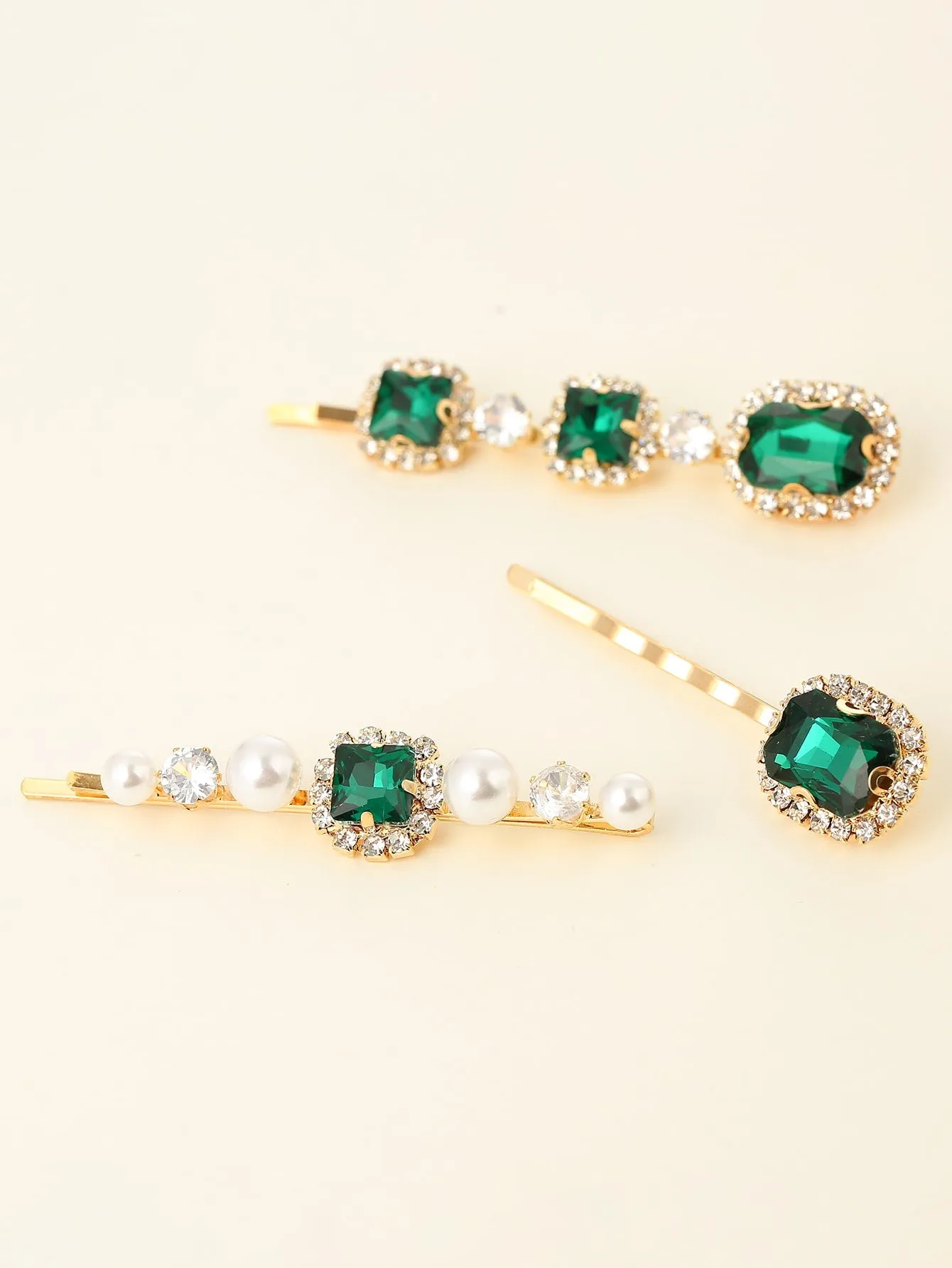 3pcs Green Gemstone Decor Hair Clip for Women Barrette Styling Hair Accessories