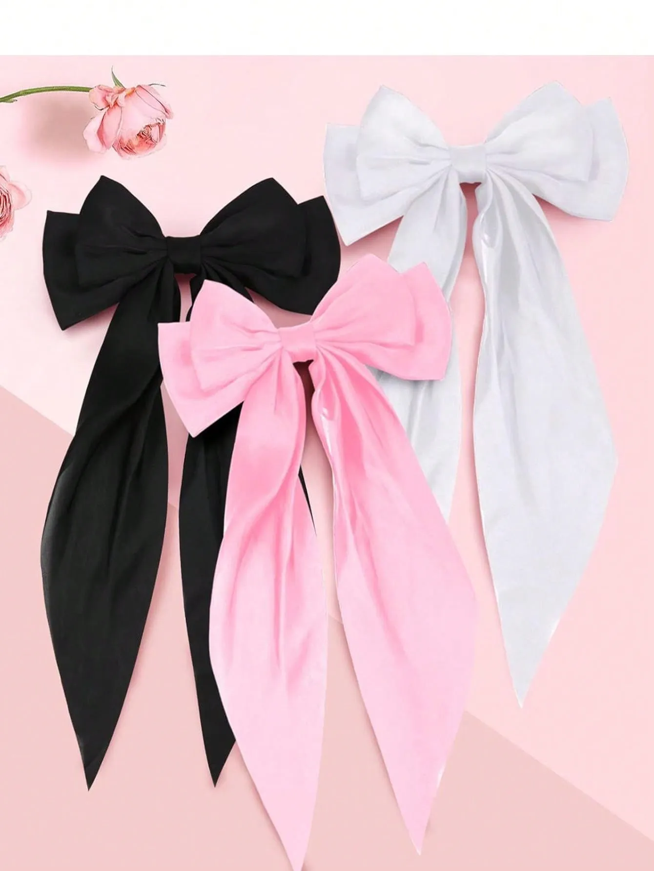 3pcs Women's White/Black/Pink Long Bow Hair Clip for Women Barrette Styling Hair