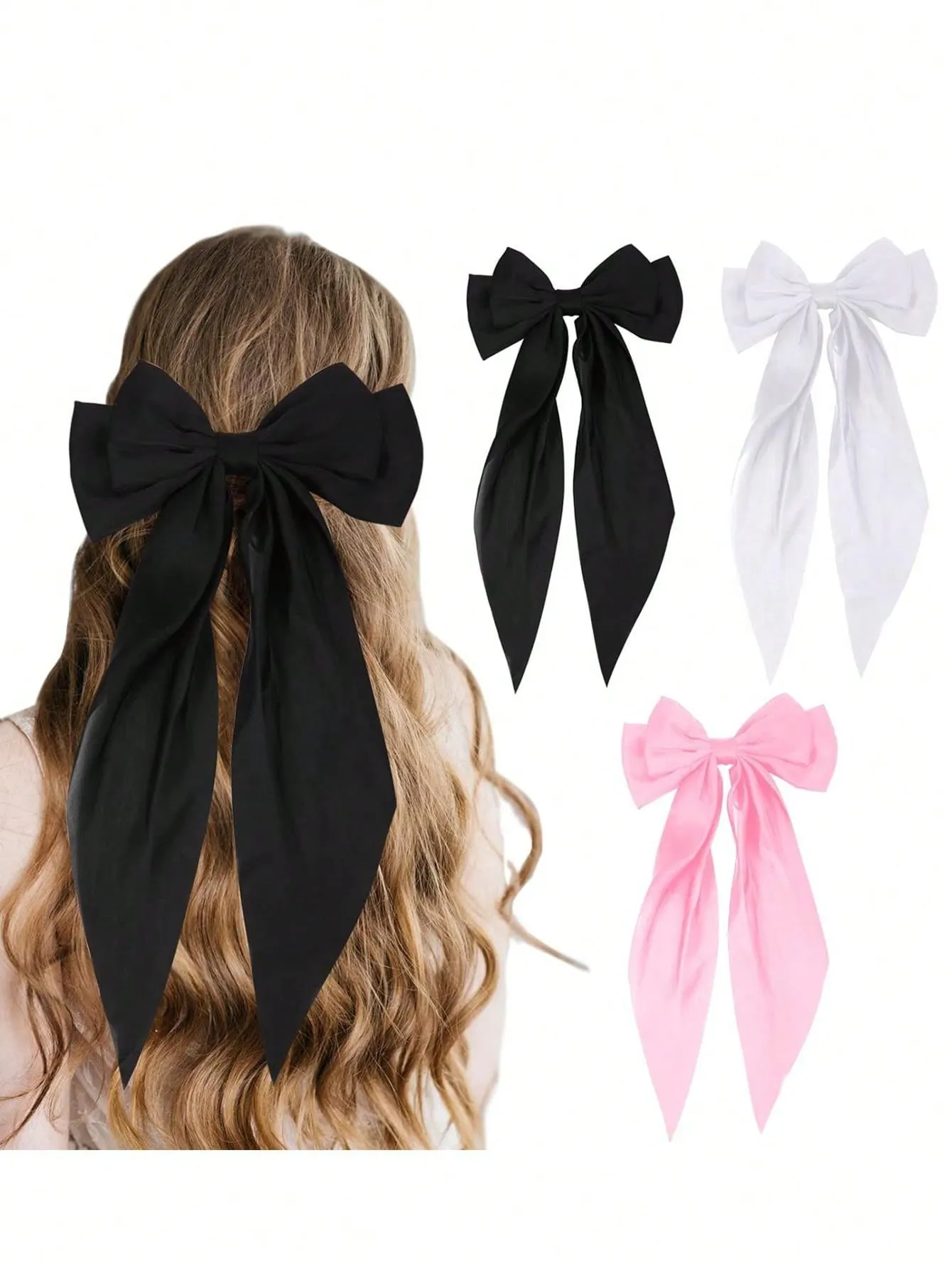 3pcs Women's White/Black/Pink Long Bow Hair Clip for Women Barrette Styling Hair