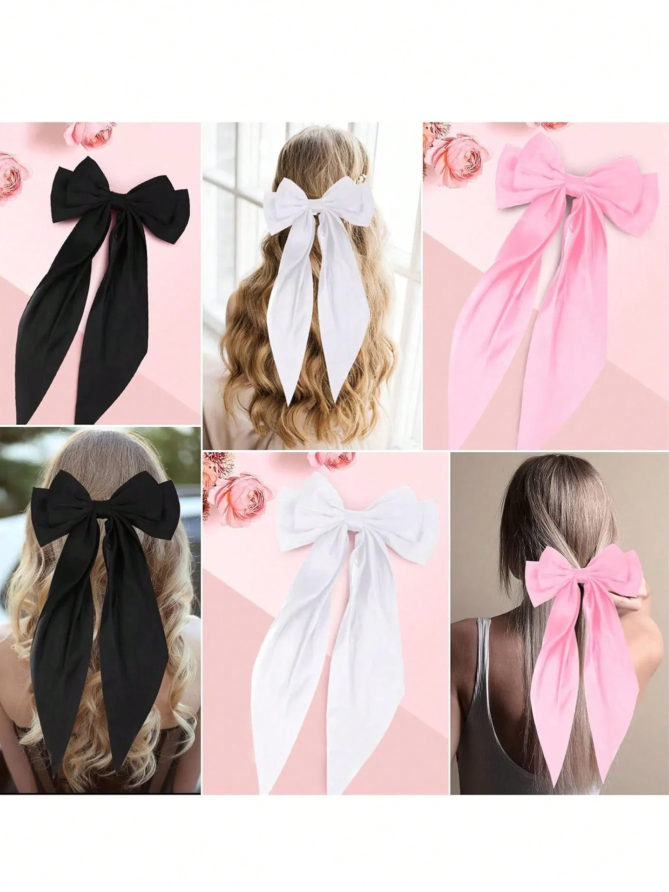 3pcs Women's White/Black/Pink Long Bow Hair Clip for Women Barrette Styling Hair