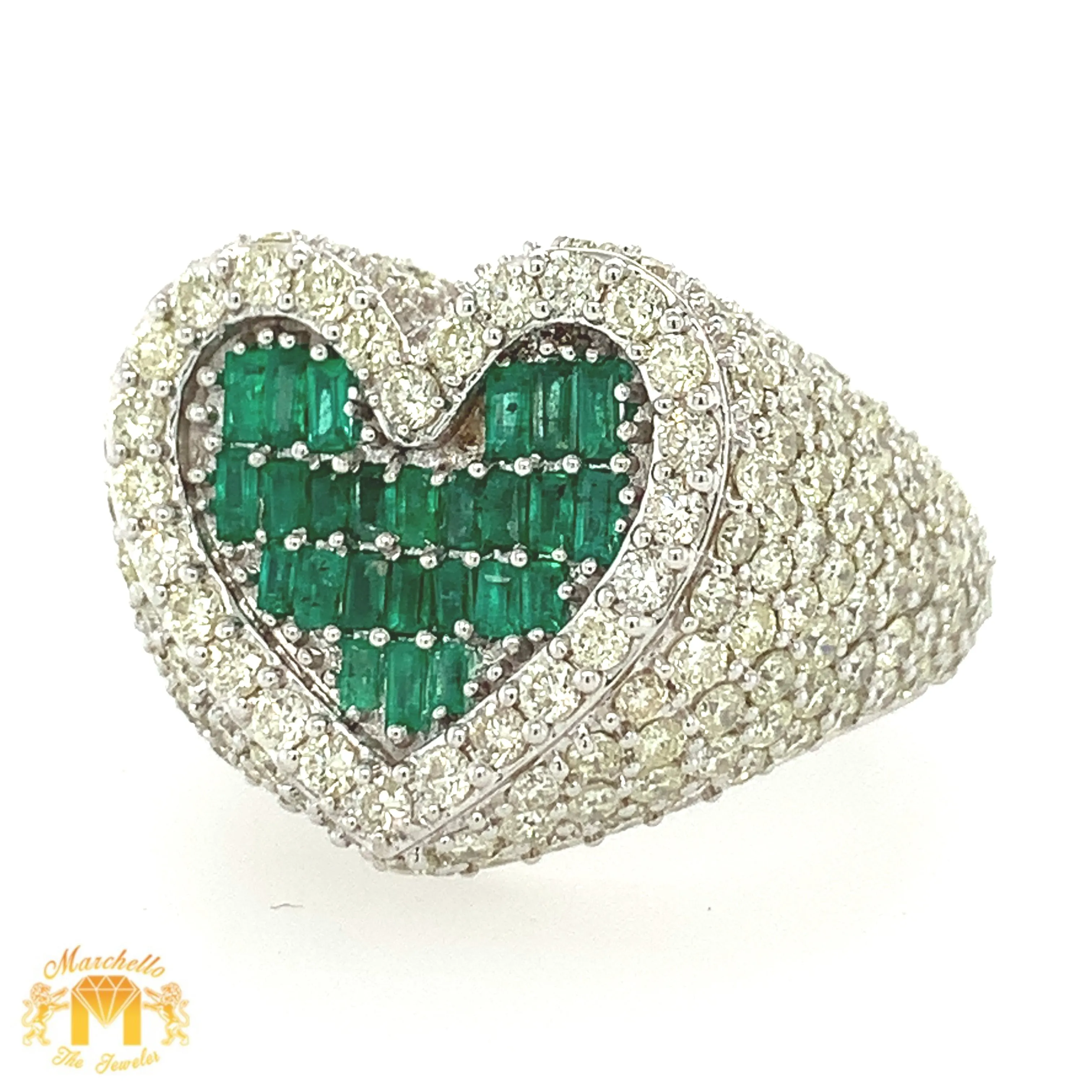 5.95ct Diamond and Emeralds 14k White Gold 3D Heart Ring