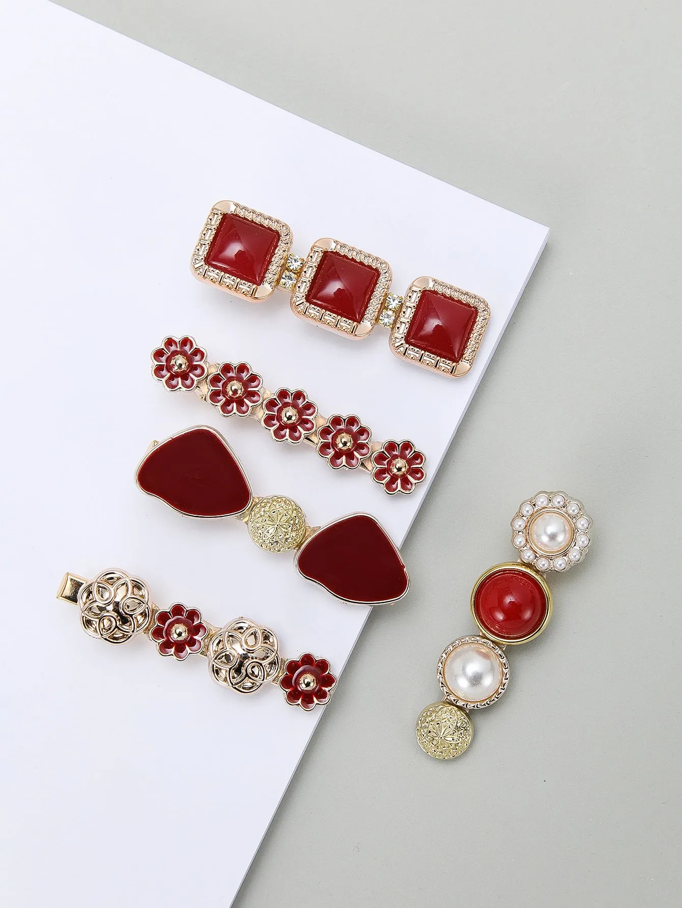 5pcs Red Retro Style Decor Alligator Hair Clip for Women Barrette Styling Hair