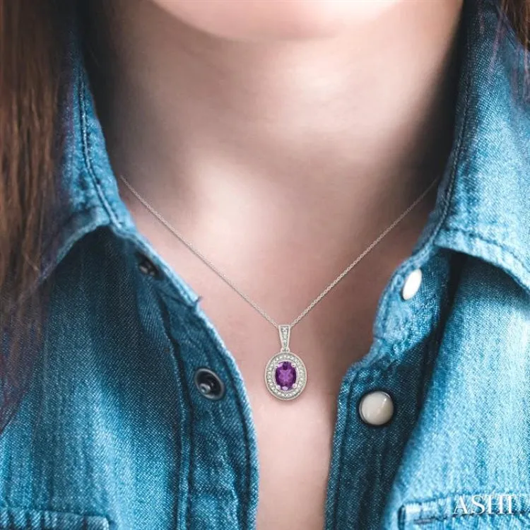 8x6 MM Oval Cut Amethyst and 1/20 Ctw Single Cut Diamond Pendant in Sterling Silver with Chain