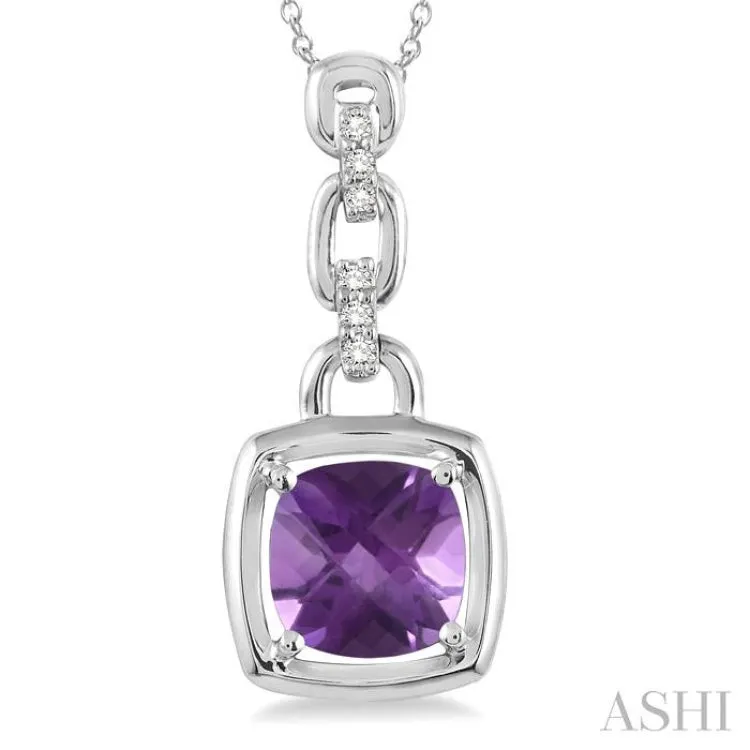 8x8MM Cushion Checker Amethyst and 1/20 Ctw Single Cut Diamond Pendant in Sterling Silver with Chain