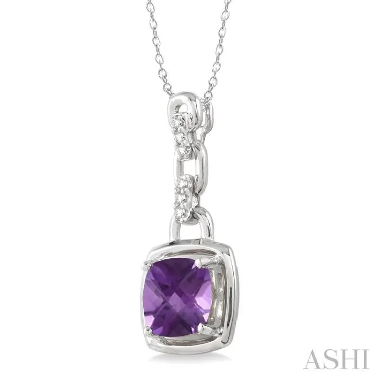 8x8MM Cushion Checker Amethyst and 1/20 Ctw Single Cut Diamond Pendant in Sterling Silver with Chain