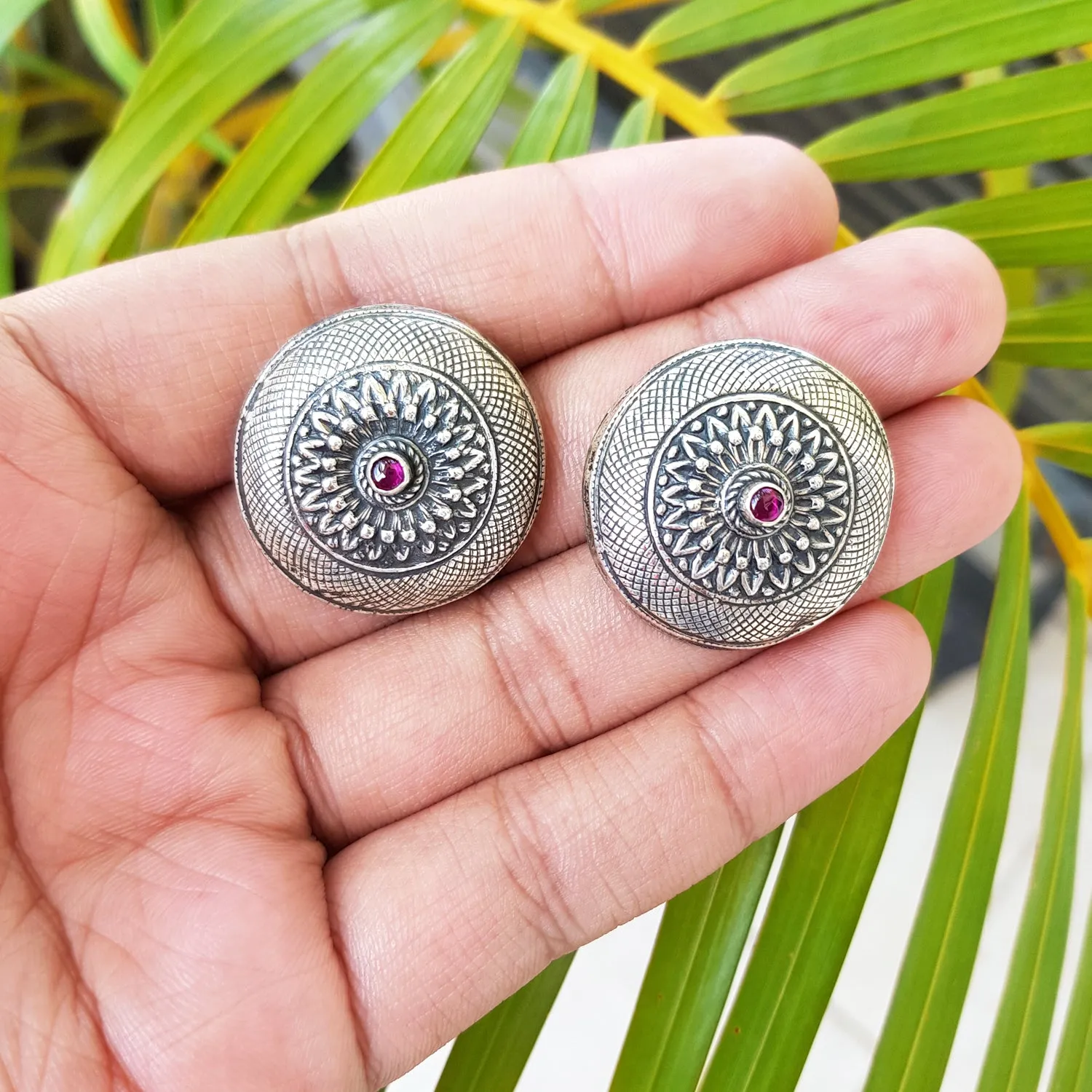 925 Silver Antique Look Tribal Studs With Ruby Red Center