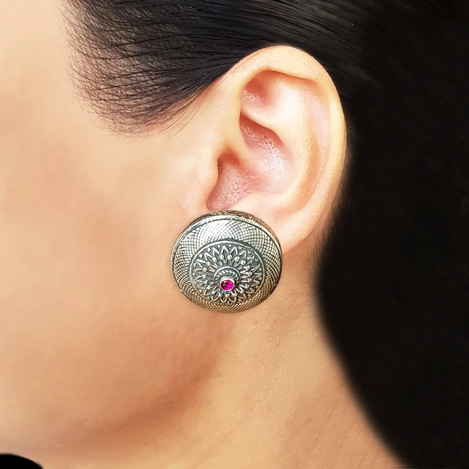 925 Silver Antique Look Tribal Studs With Ruby Red Center