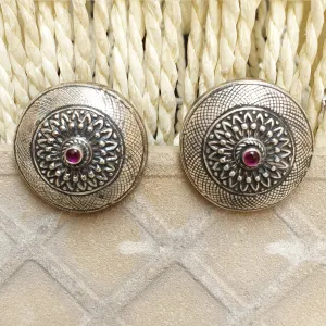 925 Silver Antique Look Tribal Studs With Ruby Red Center