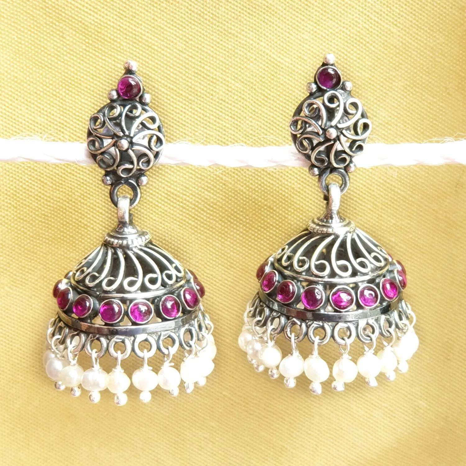 925 Silver Handcrafted Jhumki With Ruby Red Stones And Pearls