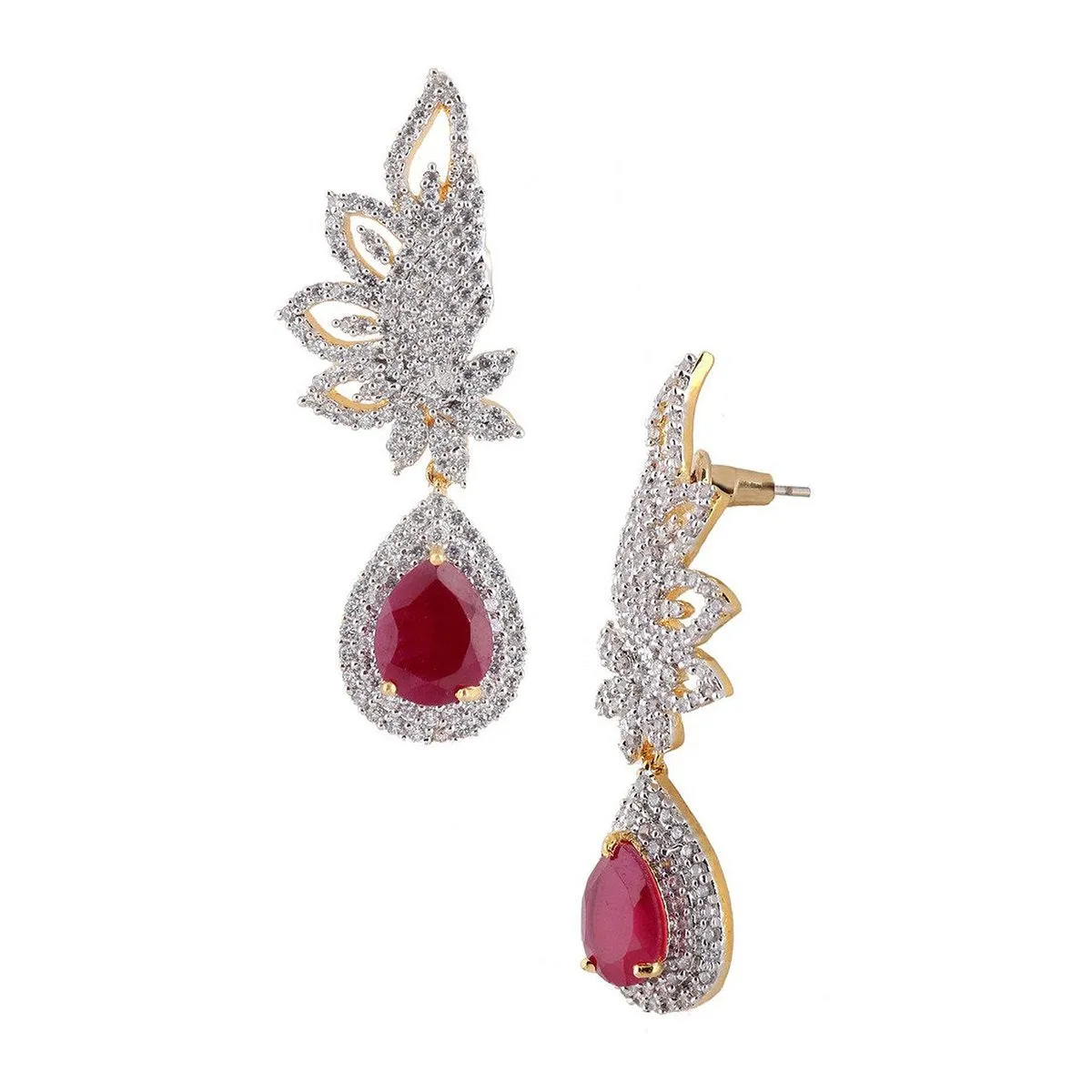 American Diamond Cz Ruby Red Leaf Cluster Earring For Women