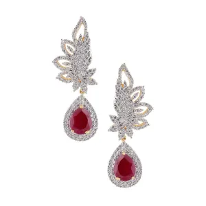 American Diamond Cz Ruby Red Leaf Cluster Earring For Women