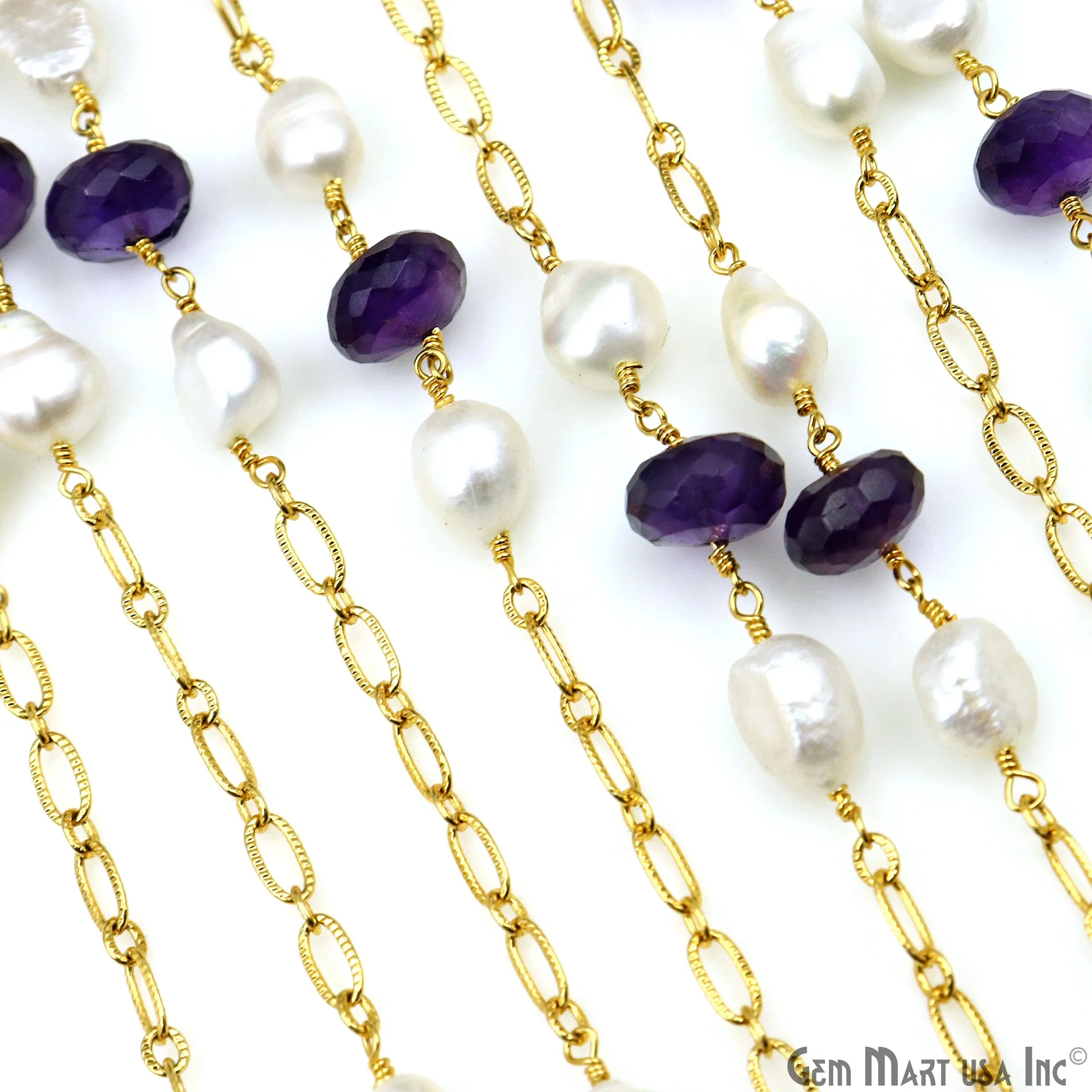 Amethyst & Pearl Round Beads Gold Plated Finding Rosary Chain