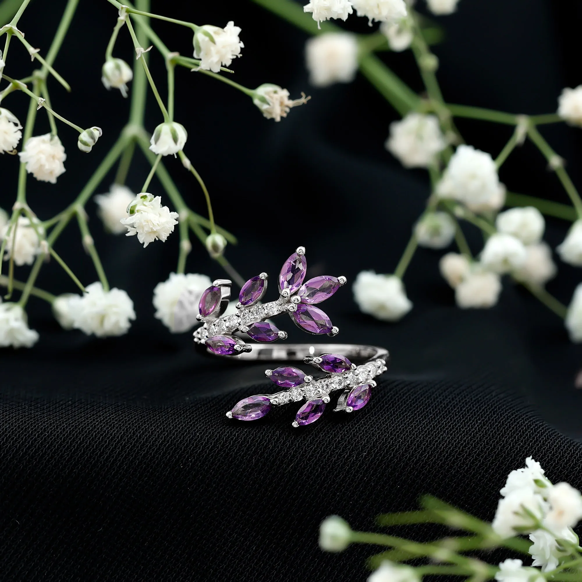 Amethyst and Diamond Wrap Leaf Ring