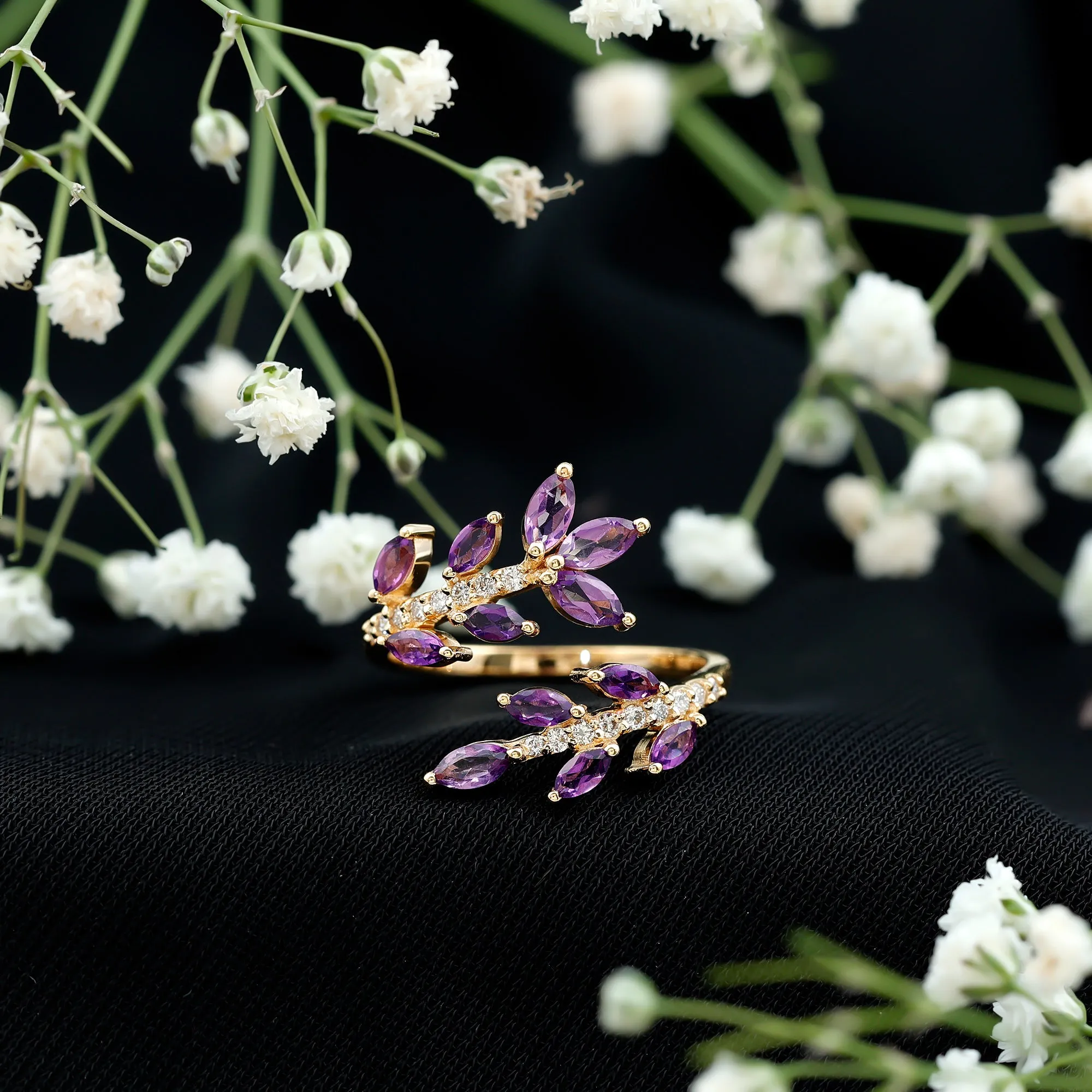 Amethyst and Diamond Wrap Leaf Ring