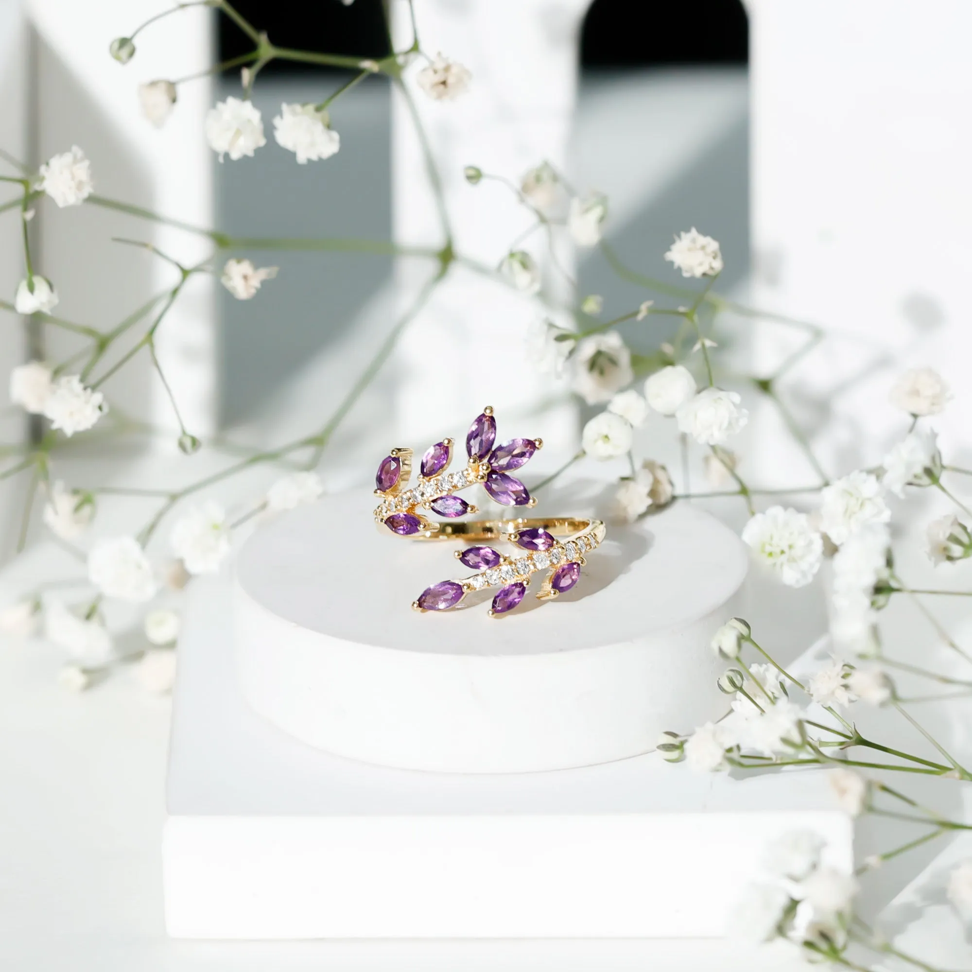 Amethyst and Diamond Wrap Leaf Ring