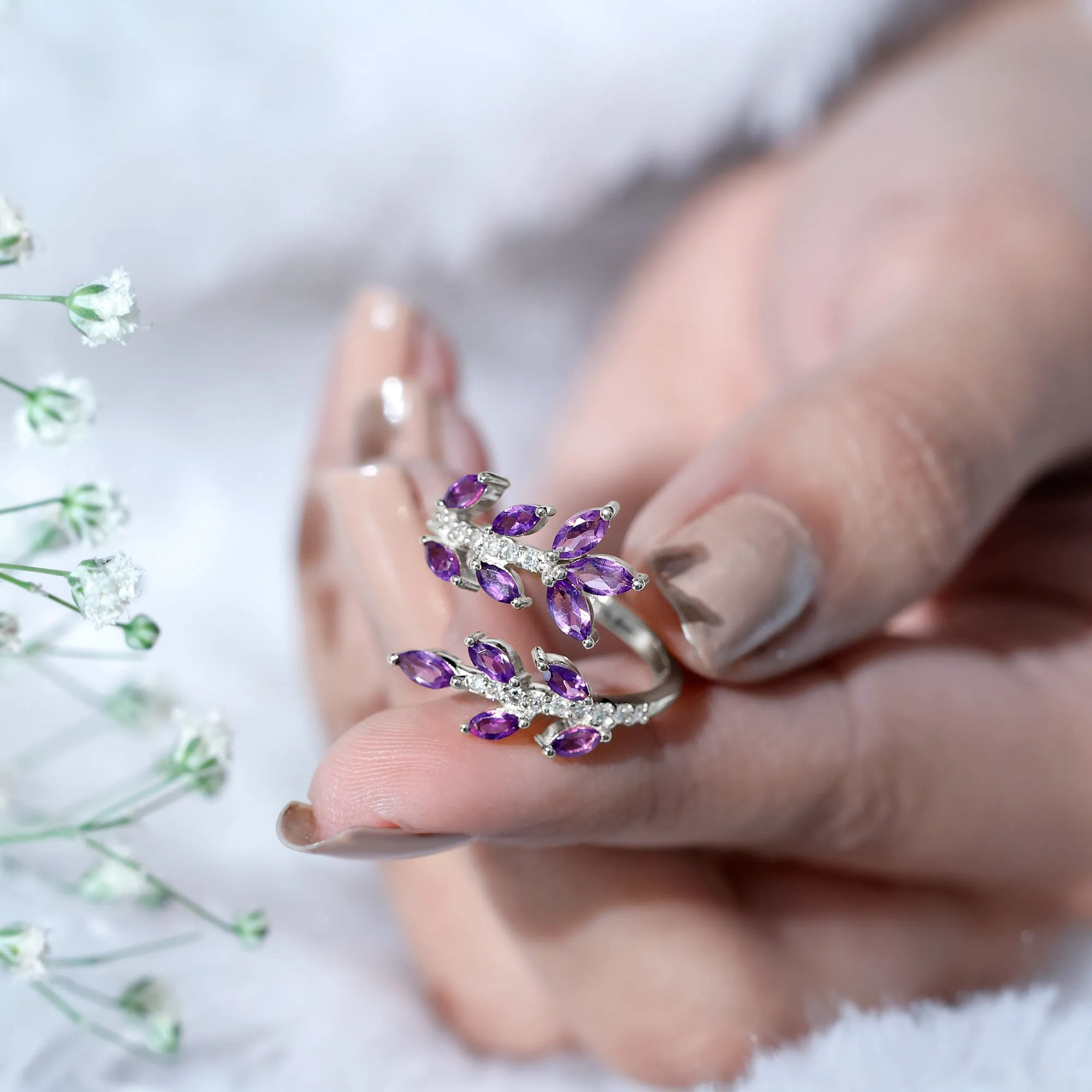 Amethyst and Diamond Wrap Leaf Ring