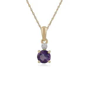 Amethyst Halskette, 9 Karat Gelbgold 0,45 Karat Amethyst & Diamant Runde Anhänger an 45cm Kette