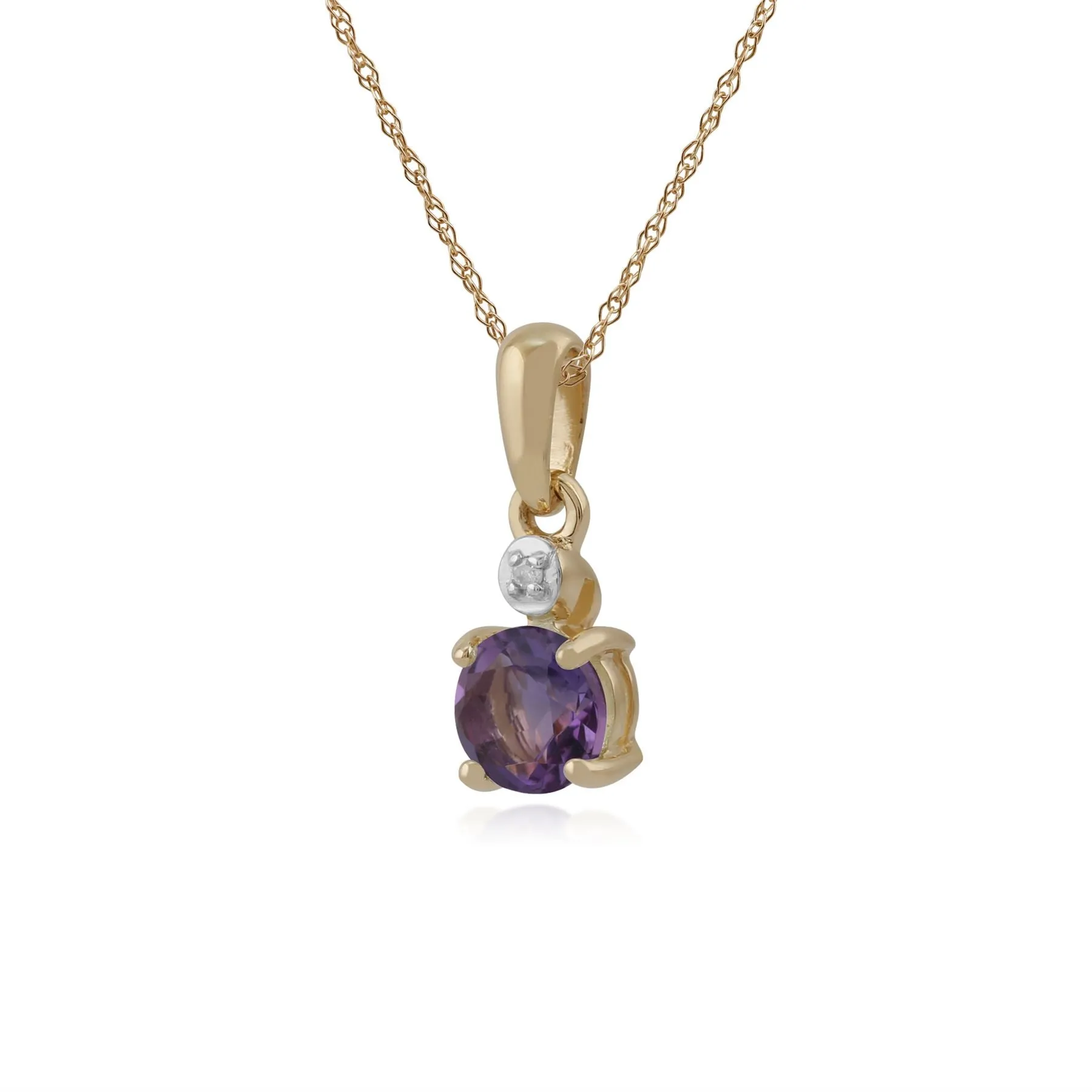 Amethyst Halskette, 9 Karat Gelbgold 0,45 Karat Amethyst & Diamant Runde Anhänger an 45cm Kette