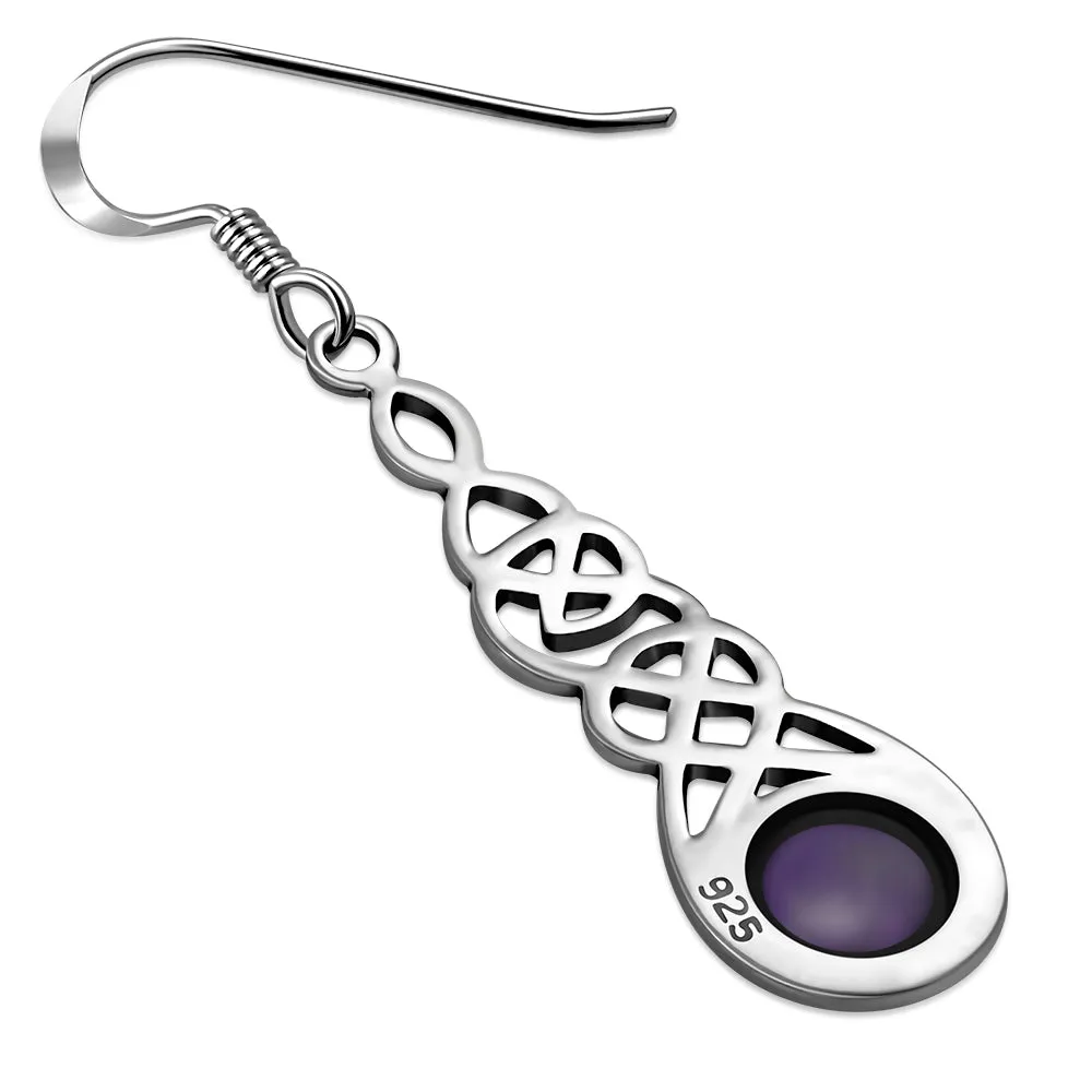 Amethyst Stone Celtic Long Silver Earrings