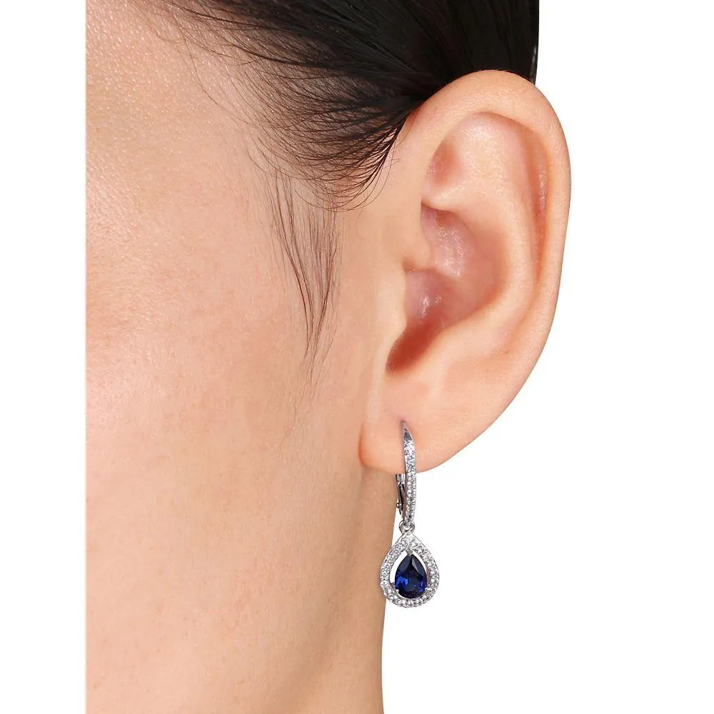 Amour  Created Blue and White Sapphire Teardrop Earrings in Sterling Silver