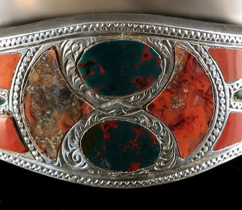 Antique Scottish Silver Bangle Beautiful Plaid Agates Circa 1860