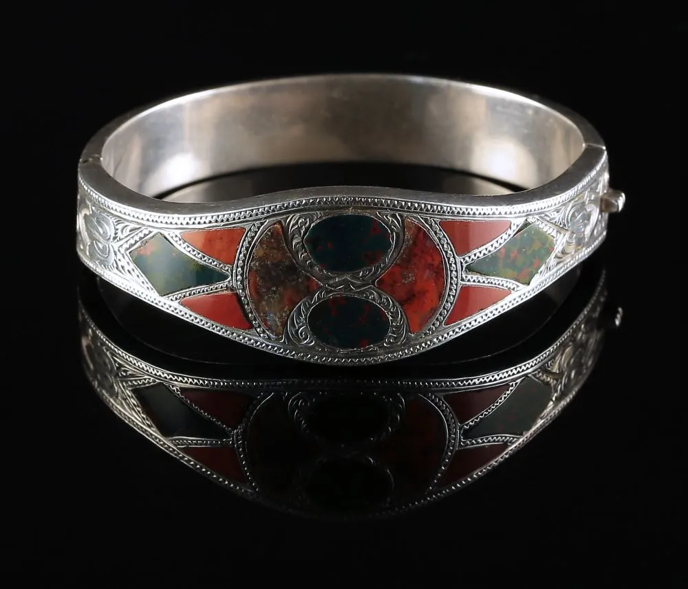 Antique Scottish Silver Bangle Beautiful Plaid Agates Circa 1860