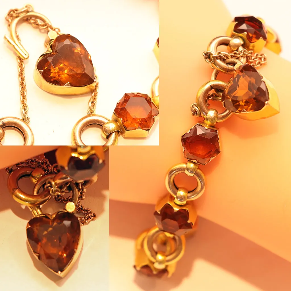 Antique Victorian bracelet gold citrines heart padlock clasp English (7505)