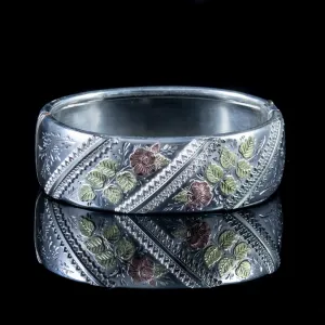 Antique Victorian Floral Bangle 18Ct Gold Sterling Silver Circa 1880