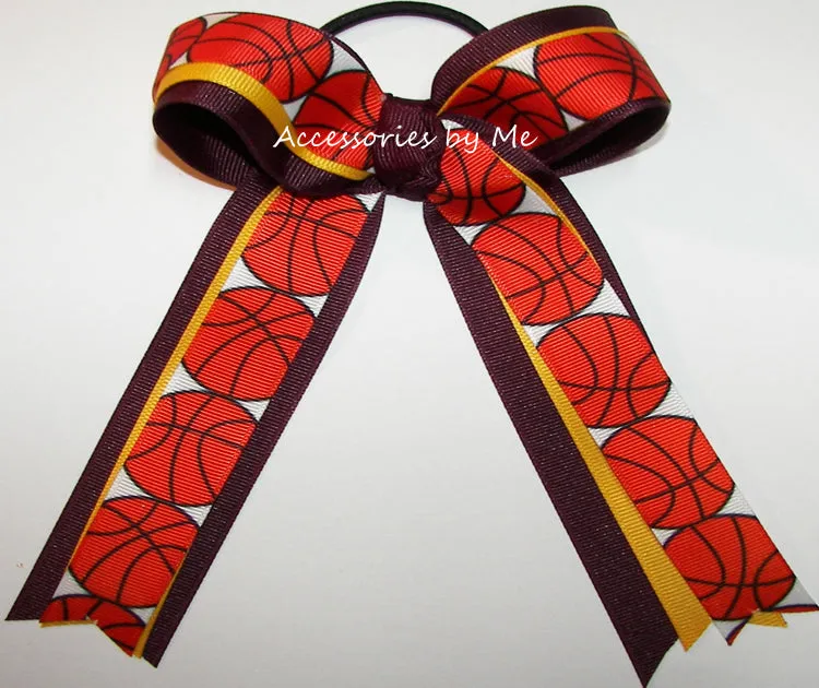 Basketball Maroon Yellow Gold Ponytail Bow