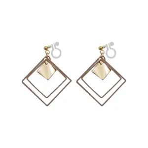 Beige Square Double Hoops Invisible Clip On Earrings