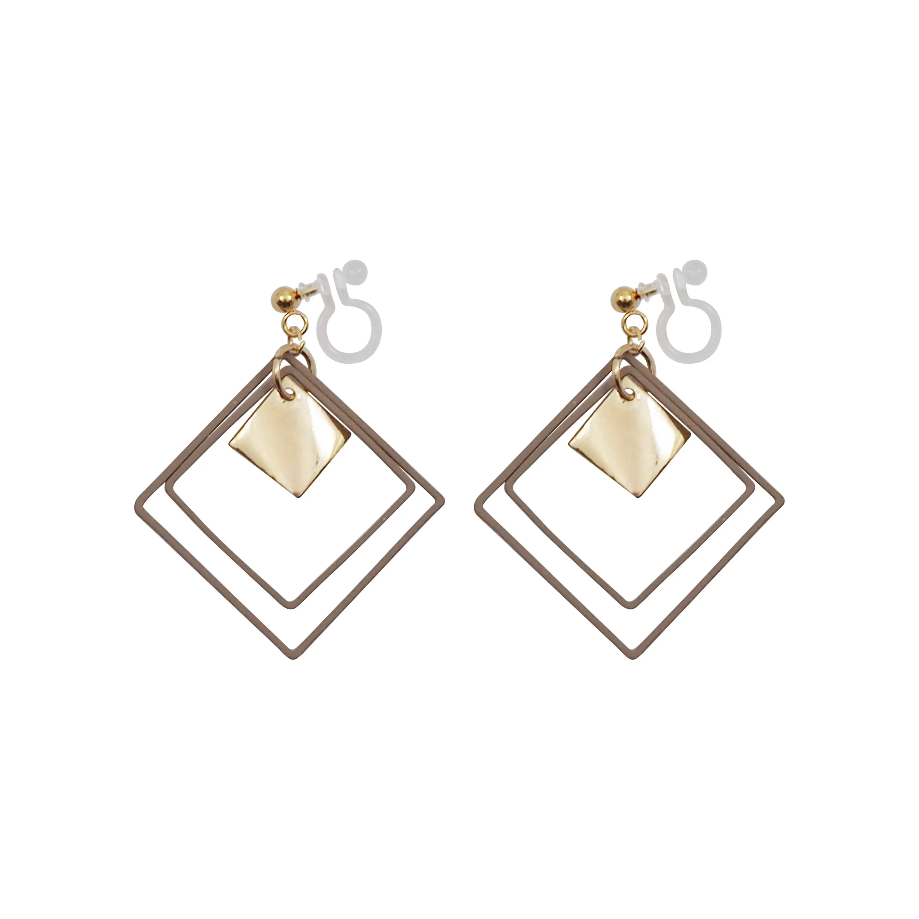 Beige Square Double Hoops Invisible Clip On Earrings