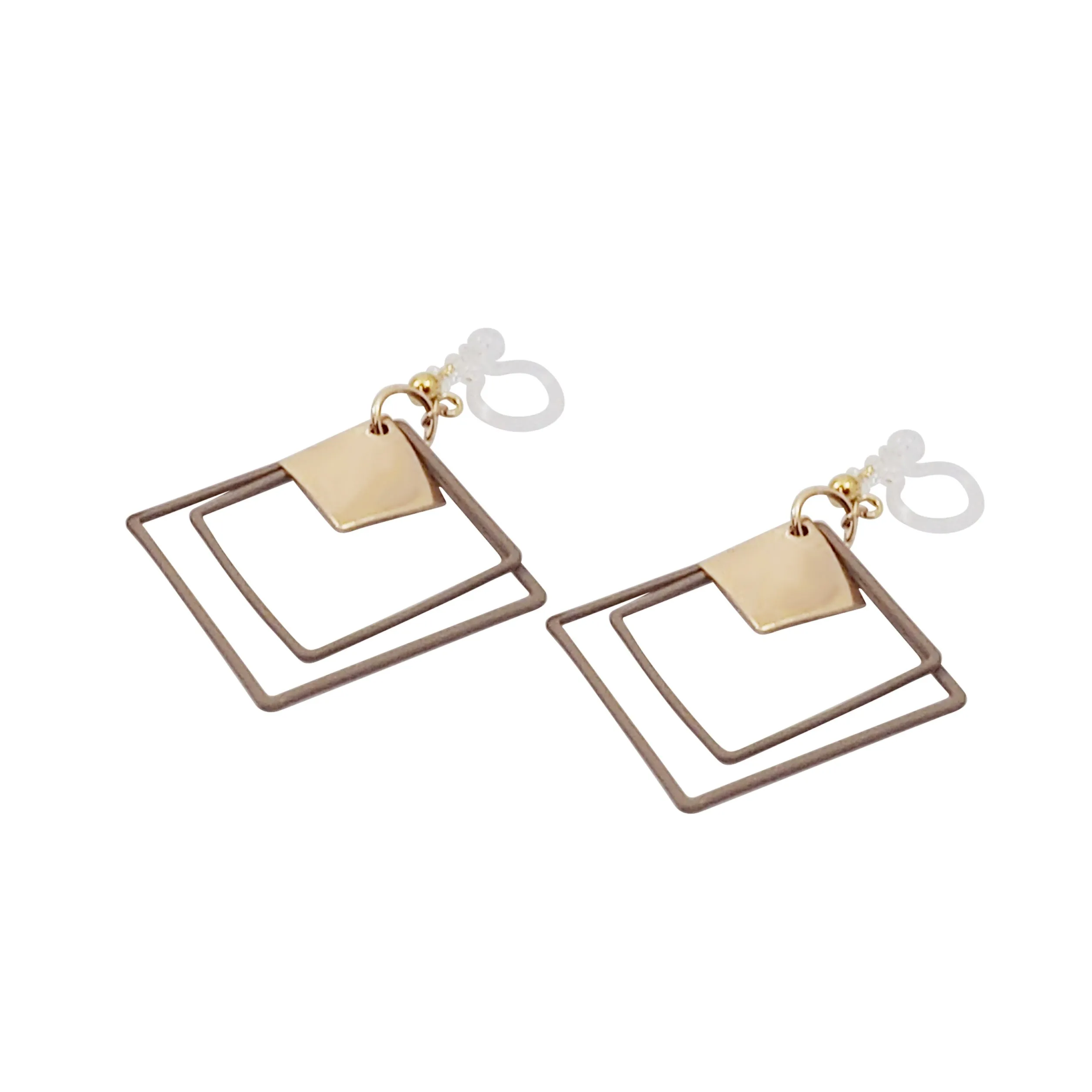 Beige Square Double Hoops Invisible Clip On Earrings