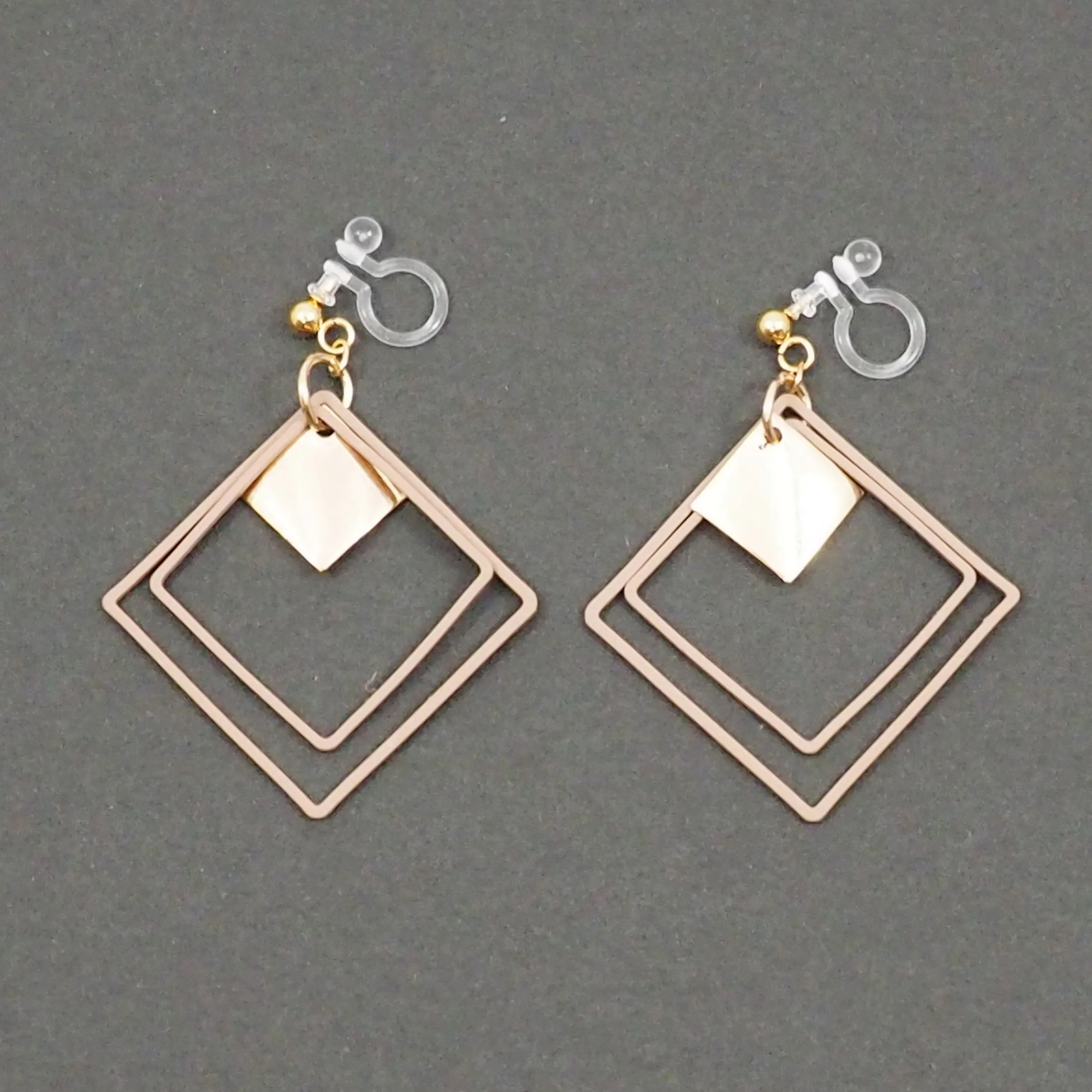 Beige Square Double Hoops Invisible Clip On Earrings