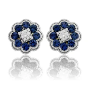 Blue Sapphire & Diamond Milgrain Halo Stud Earrings