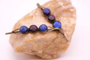 Bronze colored Bobby pin pair with 3 colored fused glass cabochons (shades of Purple & Blue), 3 inches