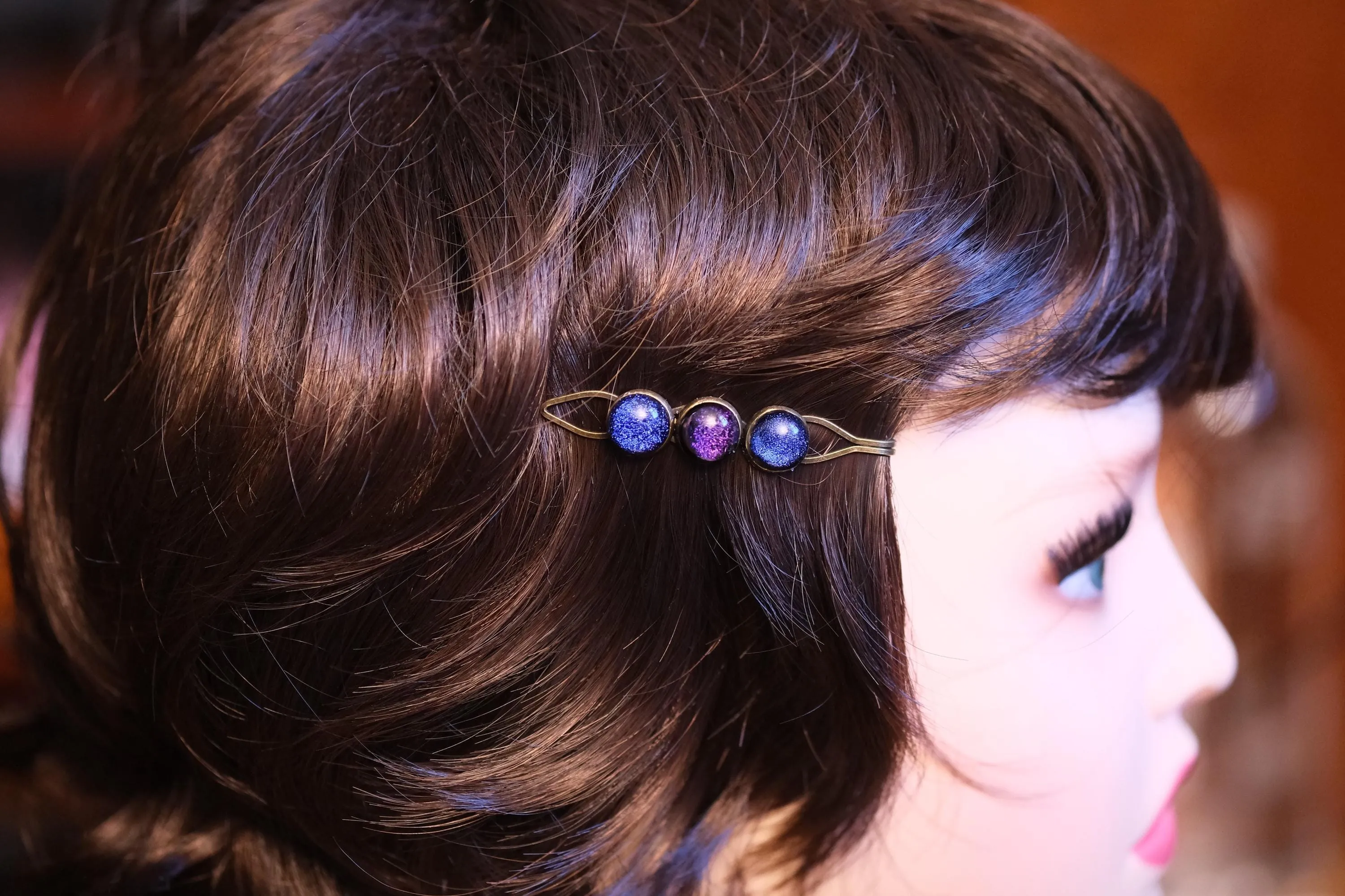 Bronze colored Bobby pin pair with 3 colored fused glass cabochons (shades of Purple & Blue), 3 inches